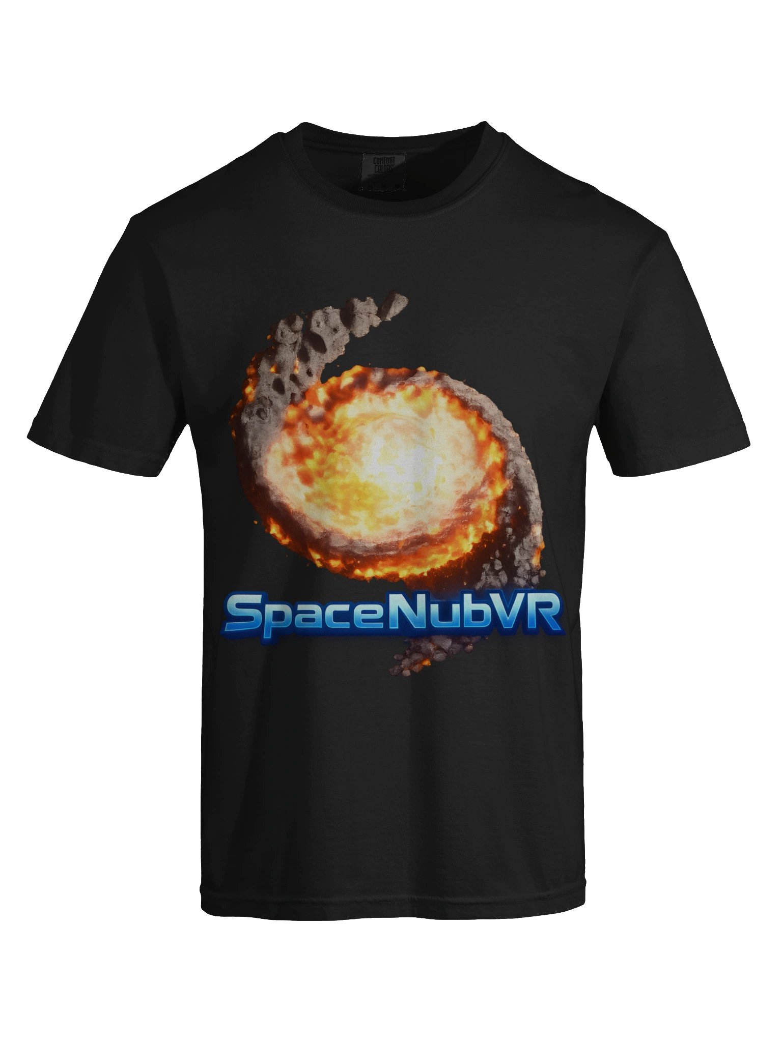 Front of the black SpaceNubVR First Edition shirt